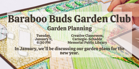 Slide for Baraboo Buds Garden Club with picture of hand drawing garden map