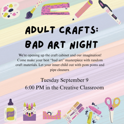 The background of the image is rainbow stripes, the stripes are made out of stacks of paper. There are various arts and craft supplies along the top and bottom. The event description and title are in black font centered in the image. 