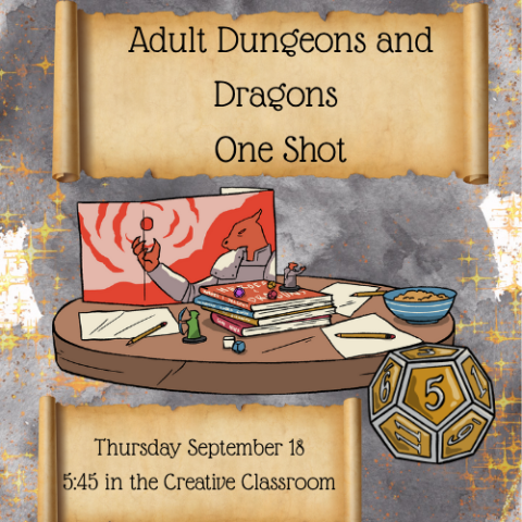 In the middle of the image there is a round animated tabletop. On the table there is a red and cream rectangular dungeon master's screen with a dragon like image on it. There are three sheets of paper and three pencils around the table. In the center of the table is a stack of books. There are a few dice and DND minis spread around the table. There is also a blue bowl of some sort of snack. The background is gray and gold with gold sparkles. There is a large gold and gray D20 dice on the lower right corner.