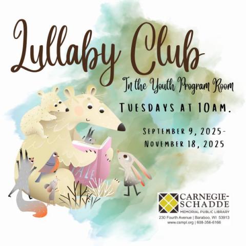 Small white bear with other woodland creatures reading a book together