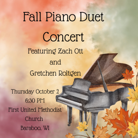 The background of this image is multicolored, several warm tone Fall like colors in watercolor splashes. The bottom right corner holds a black upright, grand piano. There are also red, orange, and yellow maple leaves in front of the piano. 