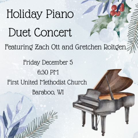 An image of a watercolor style piano sits on the lower right hand corner. The background is light blue. The top right and bottom left corners feature an evergreen branch, holly, and leaves.