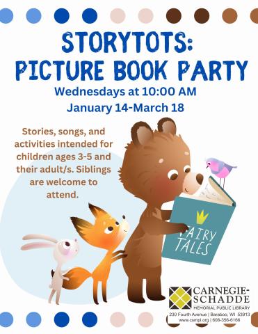 Bear reading a book to a fox and rabbit