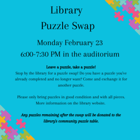 A blue background with multi-colored puzzle pieces scattered throughout. There are partially completed puzzles in the top right and bottom right corners. There is black text with the event title and description. 