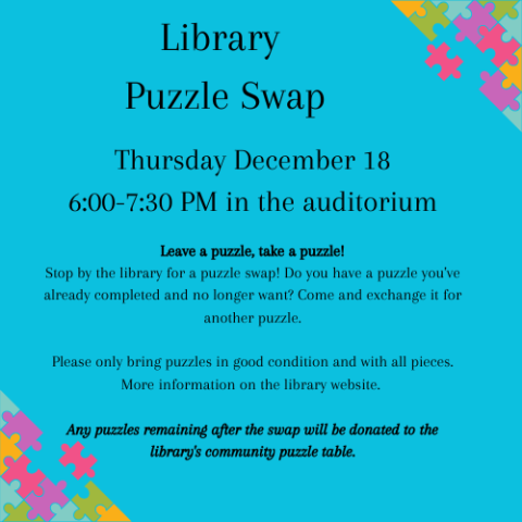 A blue background with multi-colored puzzle pieces scattered throughout. There are partially completed puzzles in the top right and bottom right corners. There is black text with the event title and description. 