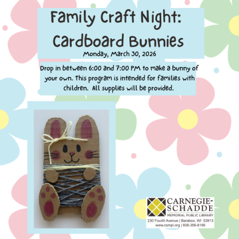 Family Craft Night: Cardboard Bunnies with image of bunny craft