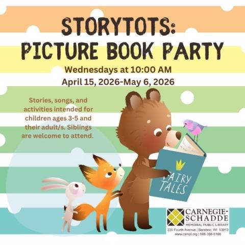 Bear, fox, and rabbit reading a book, Storytots: Picture Book Party Wednesdays at 10:00 AM 
