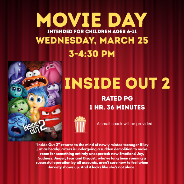 Inside Out Movie Showing Wednesday, March 15 3-4:30 PM